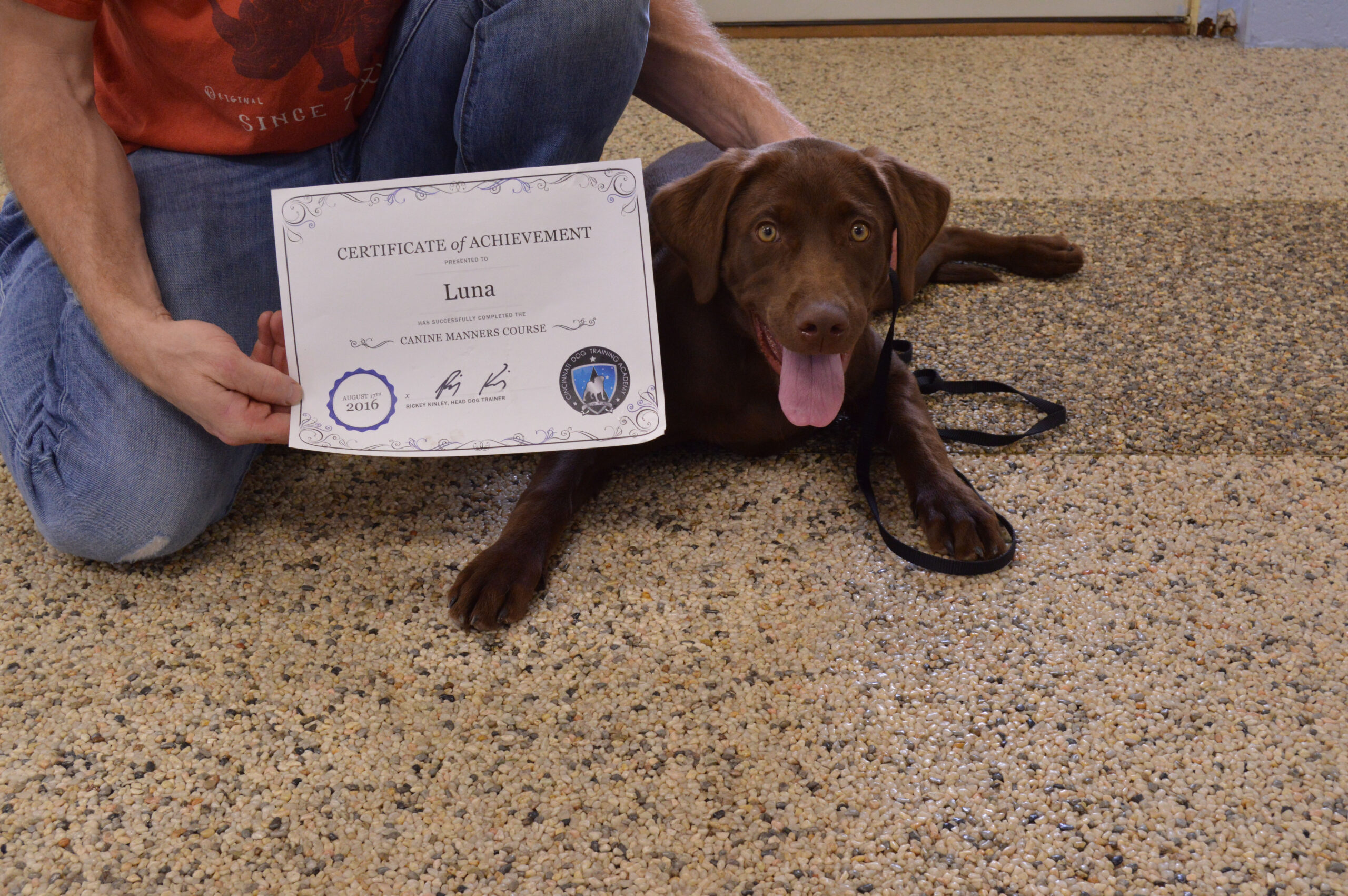 Gary's Professional Dog Grooming - dog and owner with training certificate